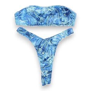 Vintage deadstock blue denim print thong bikini